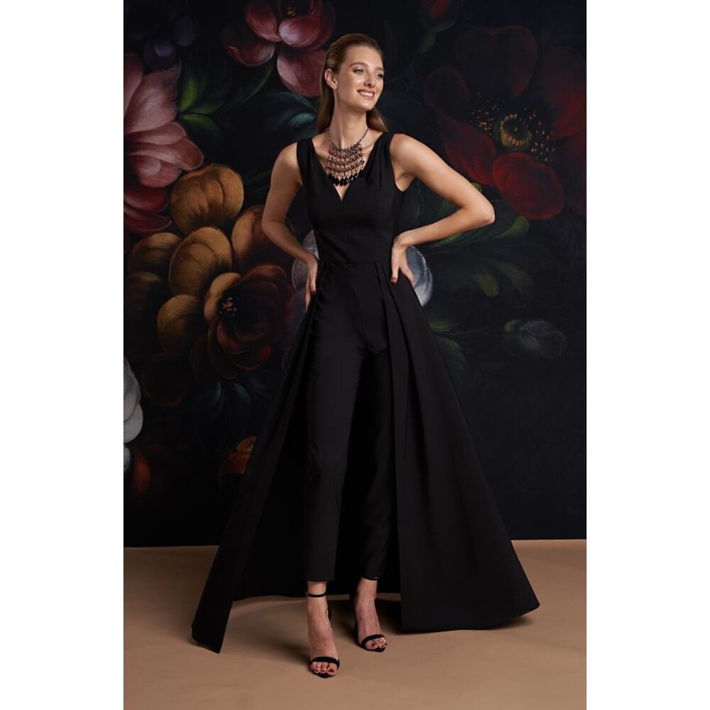 NWT Kay Unger Avery Ashlyn in Black Stretch Crepe Walk Through Maxi Jumpsuit 8 - Picture 11 of 12